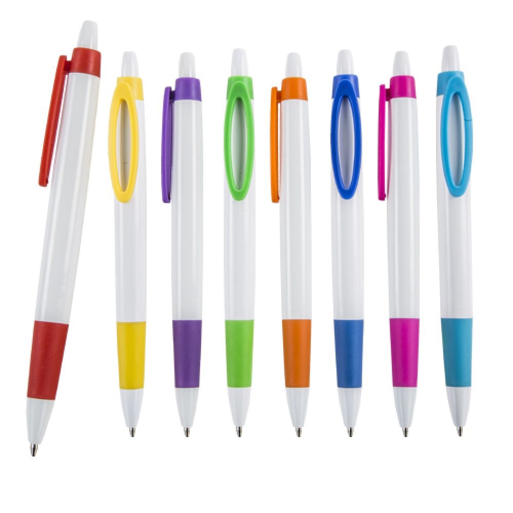 Bolígrafo de plástico con clip de color y grip de goma. imagen